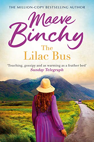Book cover: woman with hat walking towards a distant bus and mountains.