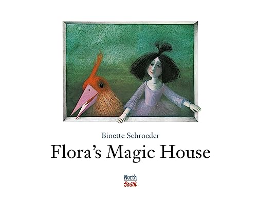 Girl and orange bird framed in green, book cover "Flora's Magic House".