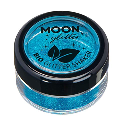 Small round container of blue cosmetic glitter with a black lid and logo.