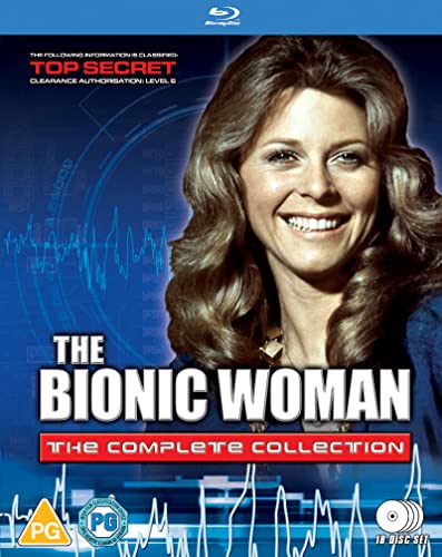 Bionic Woman" Blu-ray cover featuring Lindsay Wagner smiling, with blue tech background.