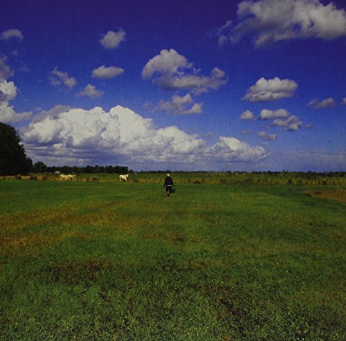 A person walks across a grassy field under a blue sky with white clouds.