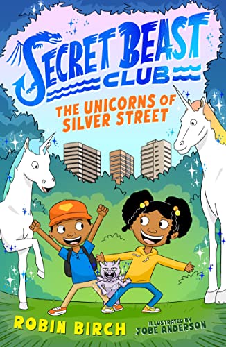 Book cover: children, unicorns, and a city skyline illustration.