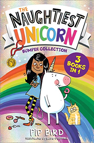 Book cover featuring a girl with a unicorn, rainbow, and cat.