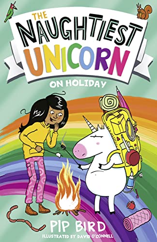 Book cover: girl roasting marshmallow with a pink unicorn and backpack.