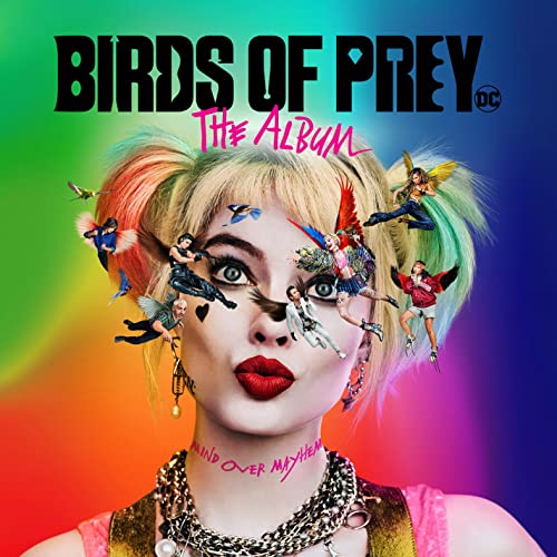 Harley Quinn’s face with miniature figures and birds amidst colorful hair.
