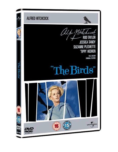 DVD cover for Alfred Hitchcock's The Birds featuring Tippi Hedren and flying bird silhouettes.