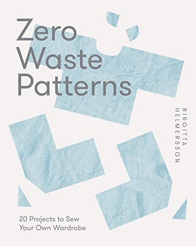 Book cover titled Zero Waste Patterns with blue fabric shapes on a white background.