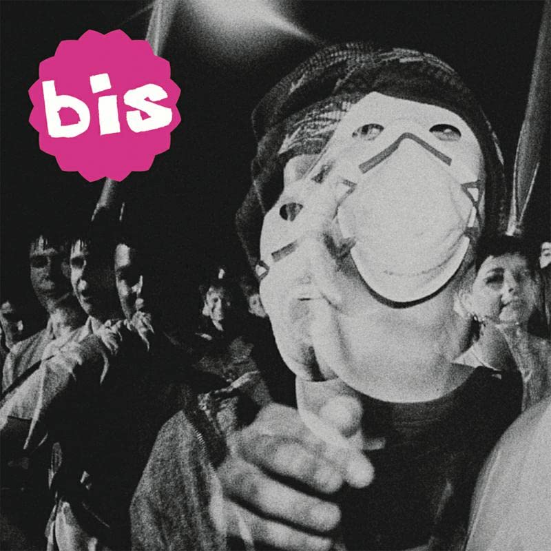 Black and white album cover featuring a person in a mask pointing.