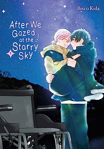 Manga cover: two young men embracing under a starry, dark blue sky.
