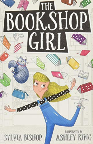 Book cover with illustration of a girl, cat, and falling books.