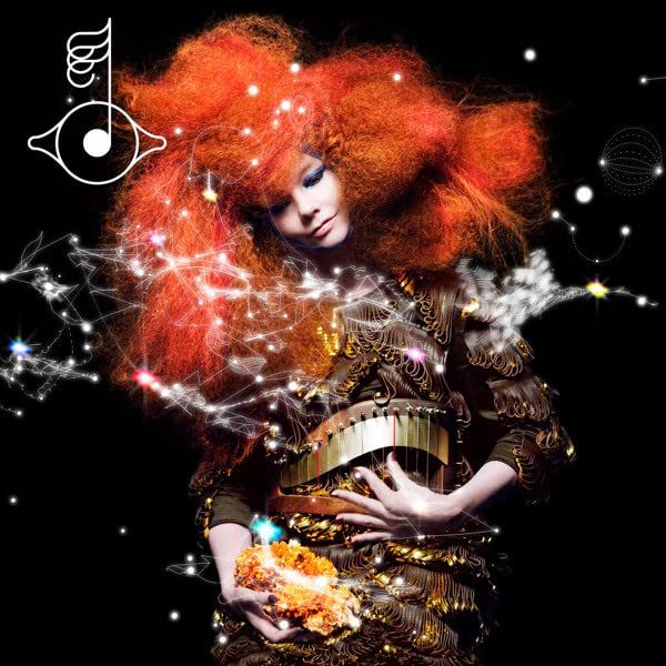 Björk with fiery red hair, holding a harp, surrounded by stars.