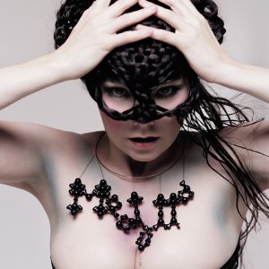 Björk wearing a black, textured mask and beaded necklace.