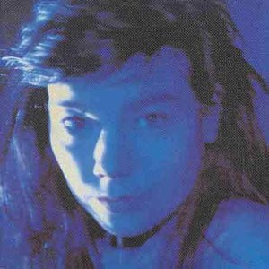 Close-up of Björk with long hair, blue tones, album cover art.
