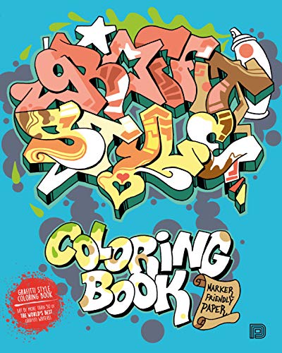 Colorful graffiti-style lettering and spray can on a blue coloring book cover.