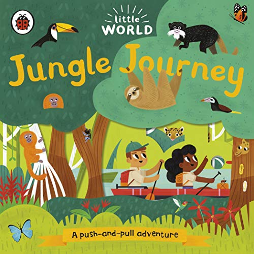 Children's book cover featuring two explorers in a boat surrounded by jungle animals.