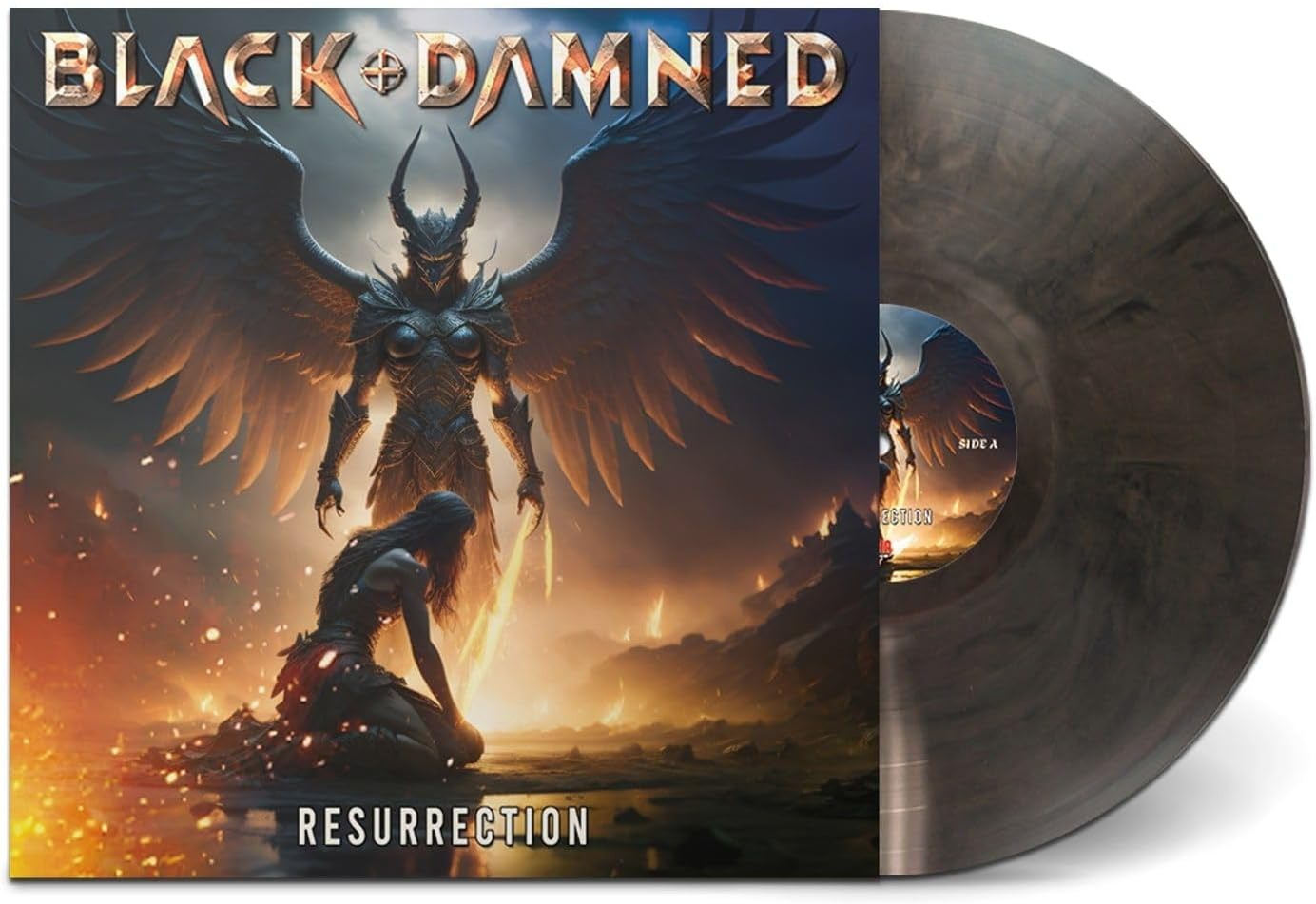 Vinyl record with cover art depicting a winged, armored figure in a fiery scene.