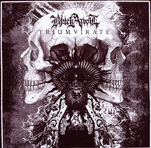 "Album cover with three skulls and dark, gothic artwork, featuring 'Black Anvil' and 'Triumvirate'."