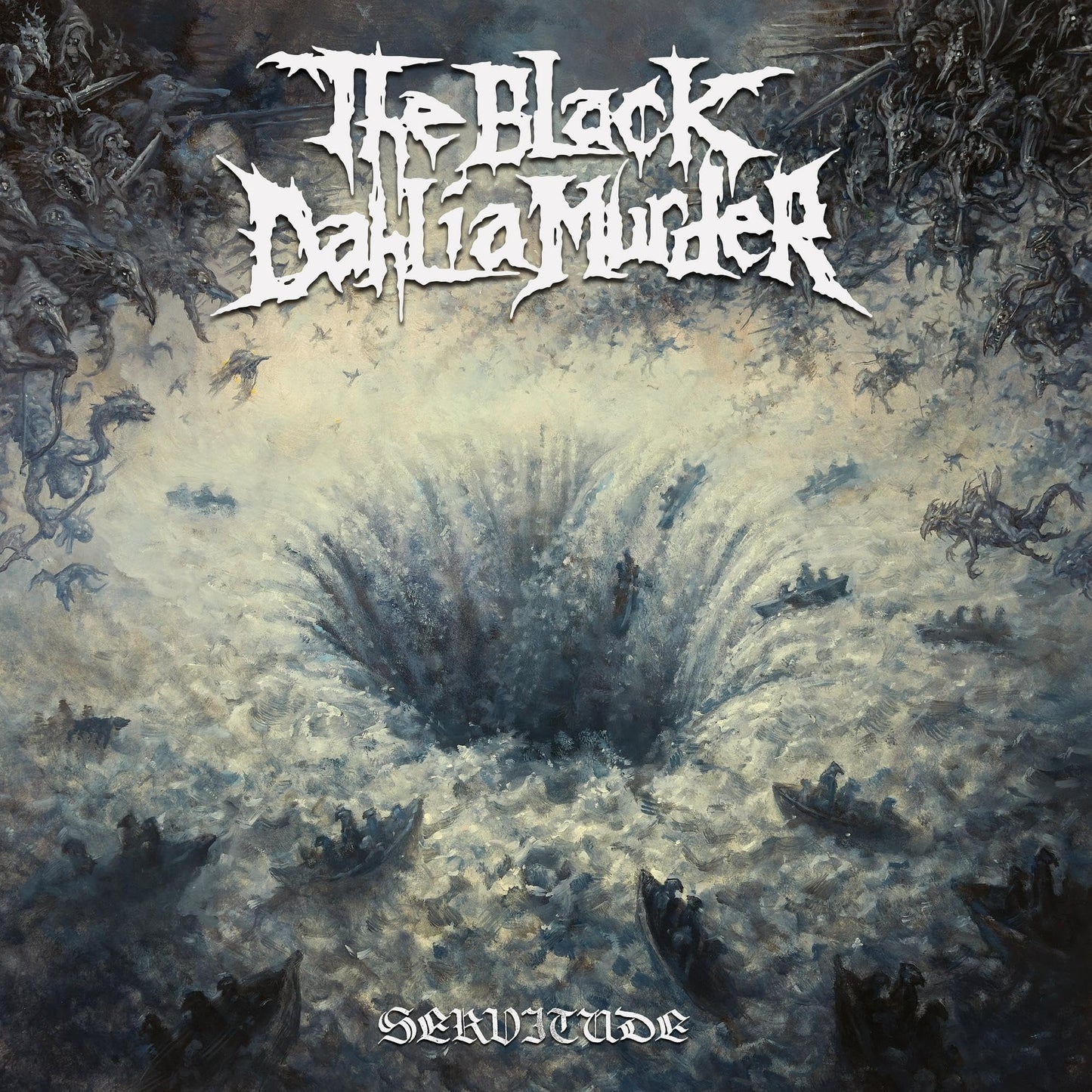 Dark album cover for The Black Dahlia Murder’s “Servitude” with ghostly figures.