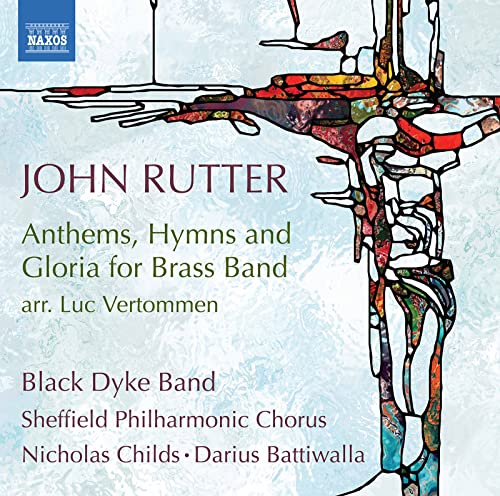 CD cover featuring John Rutter music text and abstract stained glass cross art.