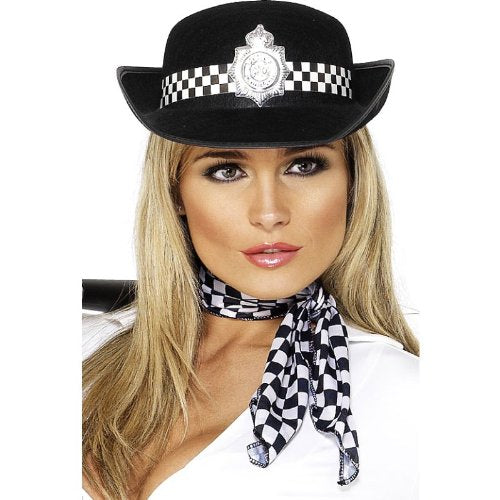 Black bowler hat with a checkered band, still on packaging.