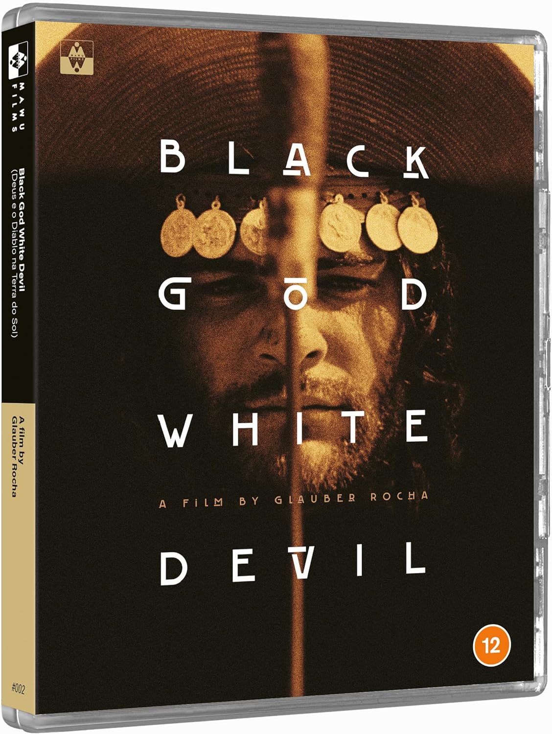 Blu-ray cover for “Black God White Devil” featuring a man and suns.