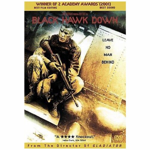 Black Hawk Down" DVD cover featuring a soldier kneeling with a rifle.