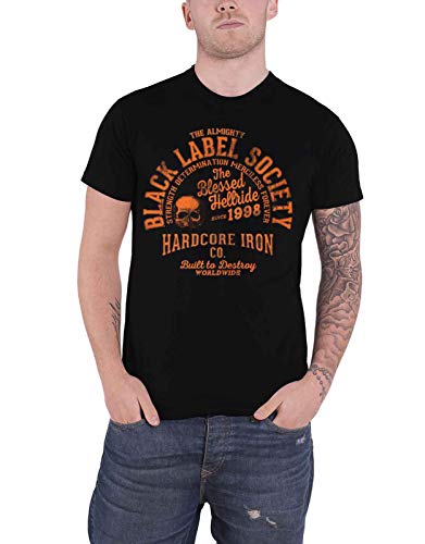 Black t-shirt with a circular Black Label Society band logo in gold.