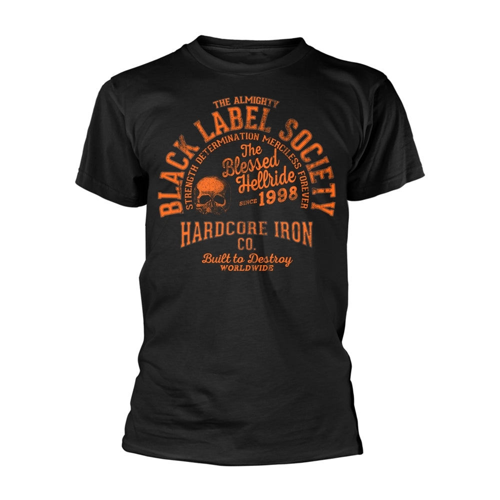 Black t-shirt with Black Label Society band logo graphic in gold.