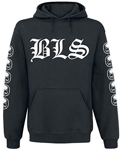 Black hooded sweater with white “BLS” logo and skull sleeve details.