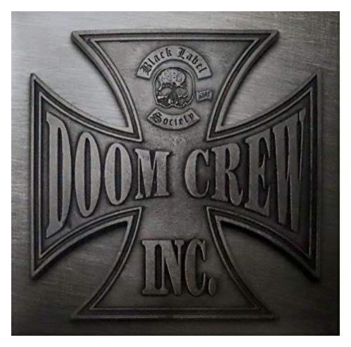 Metallic iron cross emblem with Black Label Society logo and Doom Crew Inc text.