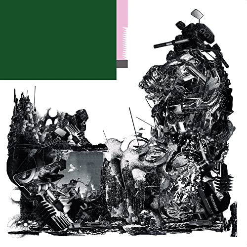 Abstract black and white collage featuring mechanical parts and a dark green rectangle.