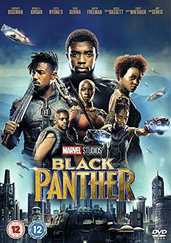 Black Panther in a crouching pose on a purple background with movie title text.