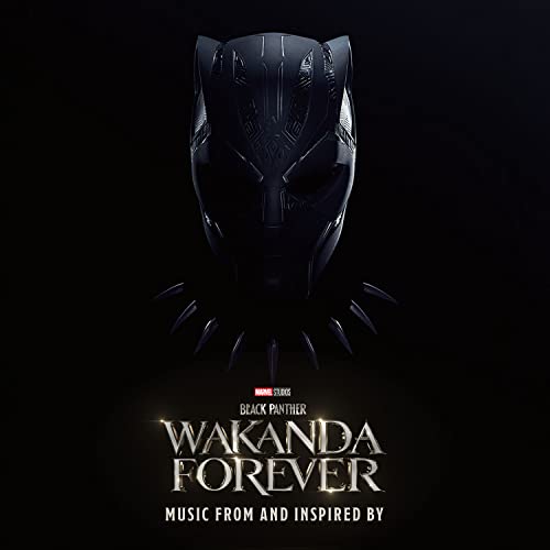 Black Panther mask with “Wakanda Forever” soundtrack title below.