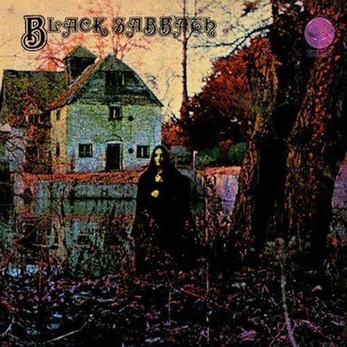 Black Sabbath vinyl album cover featuring a hooded figure standing before an old house.