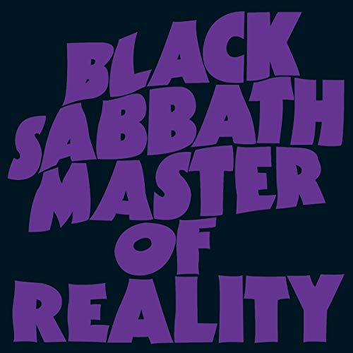 Black Sabbath’s “Master of Reality” album cover with purple text on dark background.