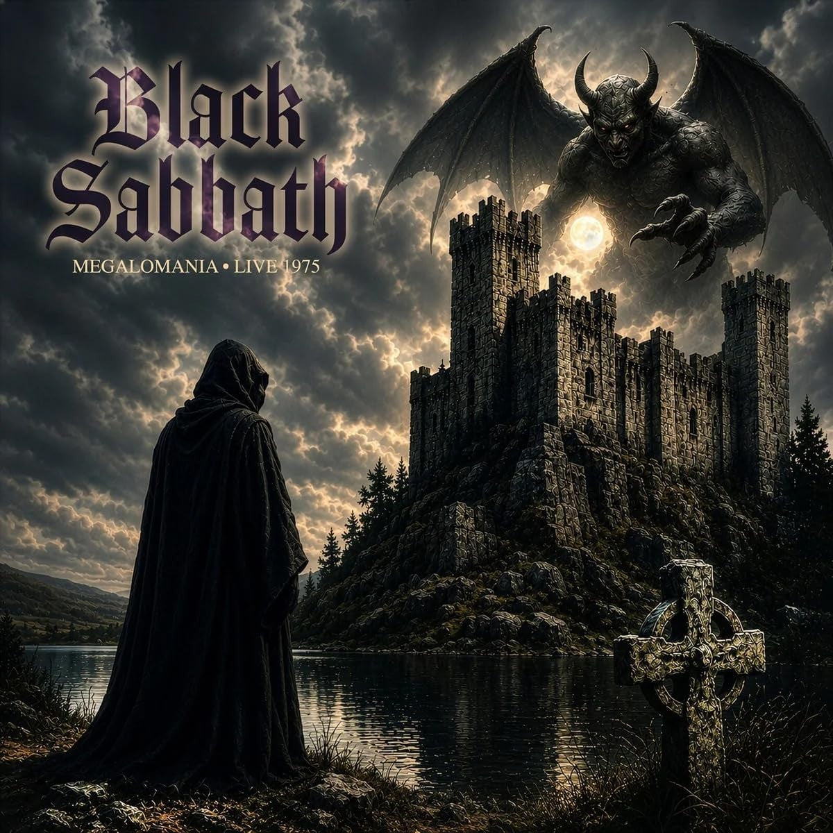 Black Sabbath album cover: hooded figure, castle, and winged demon.