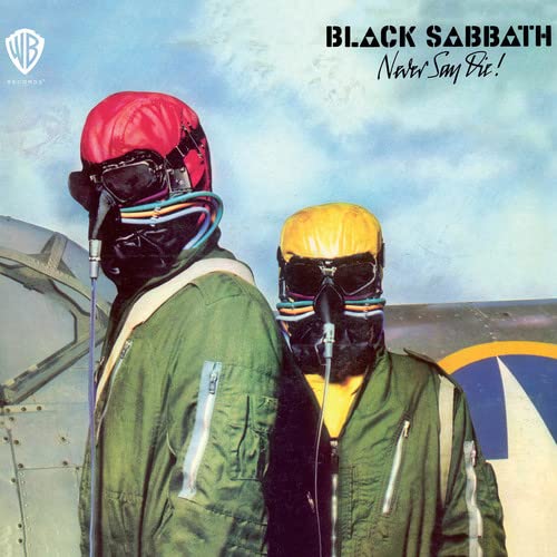 Black Sabbath “Never Say Die!” album cover with figures in flight helmets.