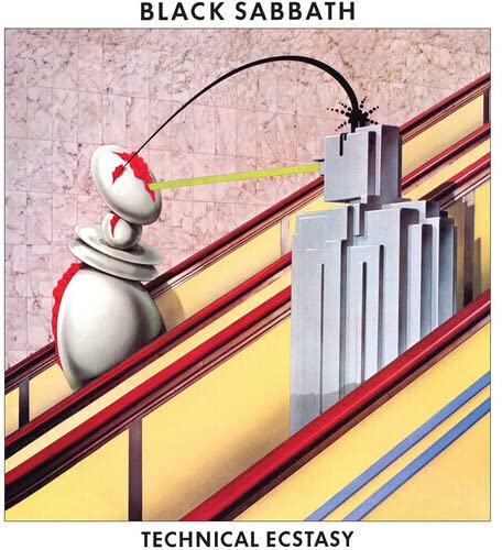 Black Sabbath “Technical Ecstasy” album cover with robotic and architectural imagery.
