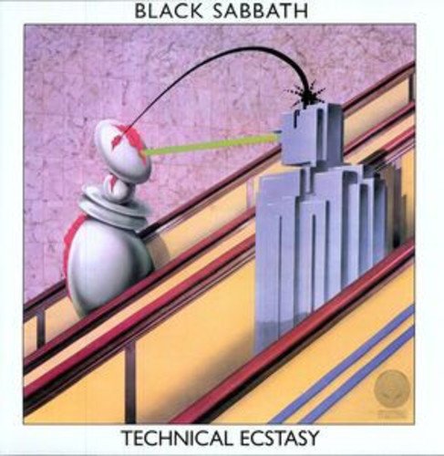 "Album cover art for 'Technical Ecstasy' by Black Sabbath, featuring a futuristic robot and building."
