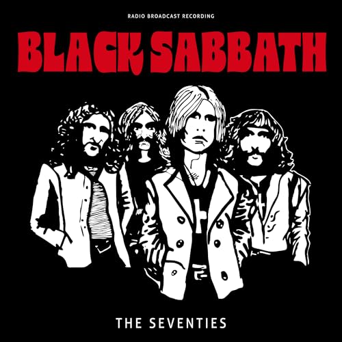 Black and white illustration of Black Sabbath band members on black background.