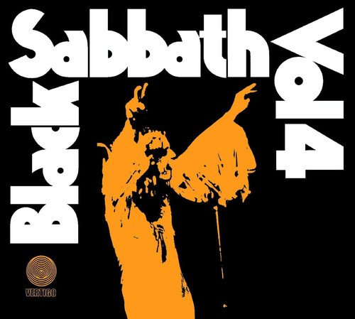 Black Sabbath album cover with dark background, white text, and orange figure illustration.