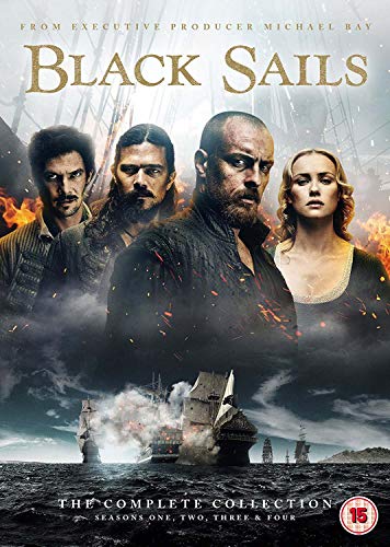 Black Sails" Seasons 1-4 DVD cover featuring pirate characters and ships.
