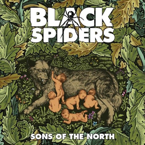 Album cover: wolf with human figures, foliage background, “Black Spiders” text.