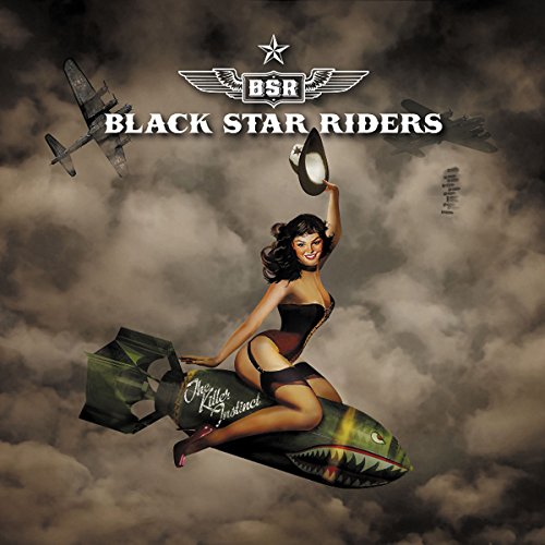 Album cover: woman riding a bomb with warplanes in smoky sky.