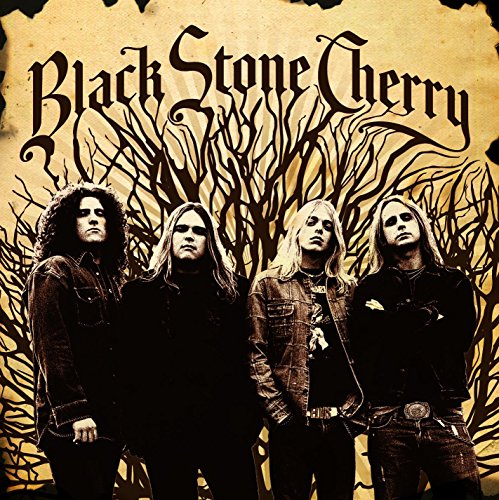 Black Stone Cherry band portrait with a tree silhouette, sepia tone.
