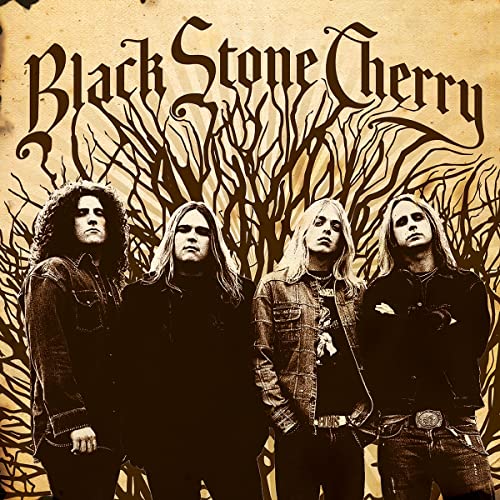 Four band members stand in front of a stylized black tree silhouette background.