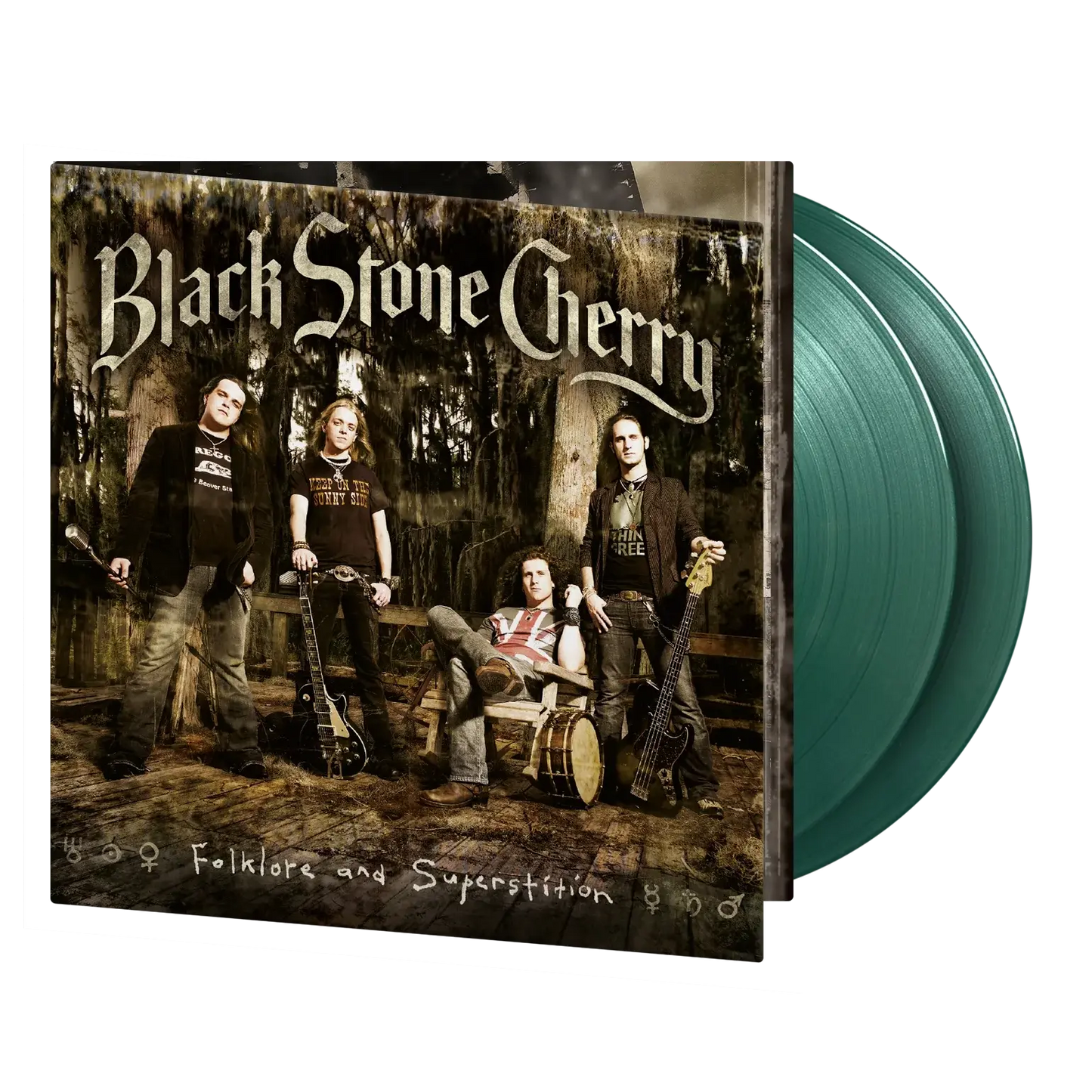 Black Stone Cherry album cover with band members and two green vinyl records.
