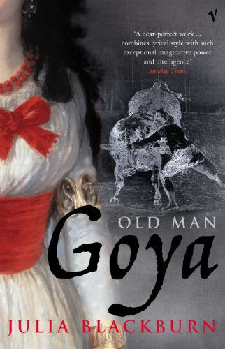 Book cover: portrait of a woman, bull illustration, and title "Old Man Goya".