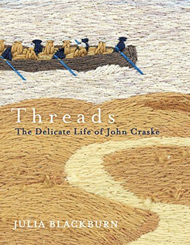 Book cover with embroidered image of men in a boat on beige fabric background.