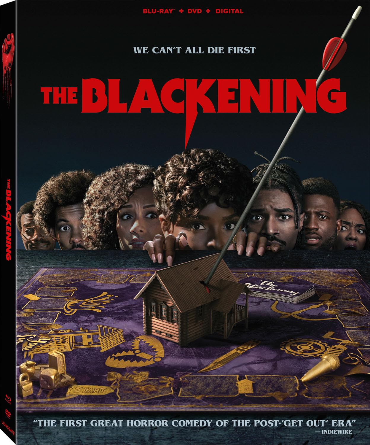 Blu-ray cover for horror-comedy "The Blackening" with diverse cast and cabin scene.
